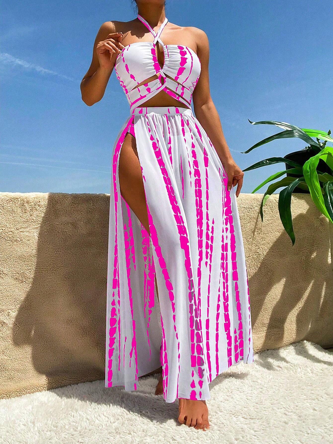 Bikini ras-du-cou tie dye avec jupe de plage